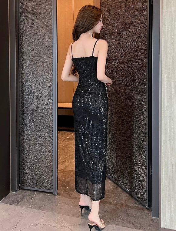 Mary Sequin Shiny Slit Dress