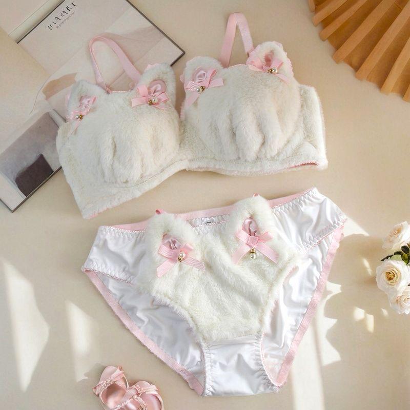 White Bow Ribbon Fur Lingerie Set