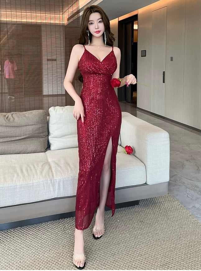Mary Sequin Shiny Slit Dress