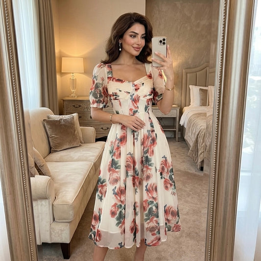 Woman taking a mirror selfie wearing a floral dress in a bedroom.