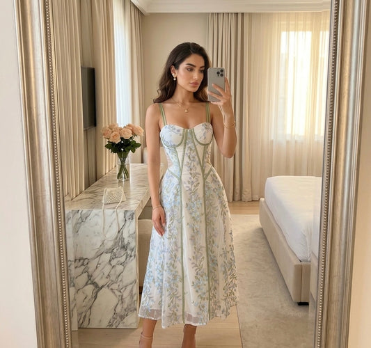 Woman taking a mirror selfie wearing a floral dress in a stylish room.