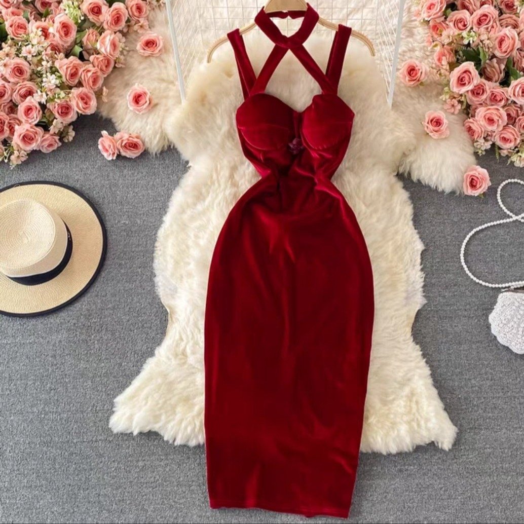 Halter Neck Velvet Dress