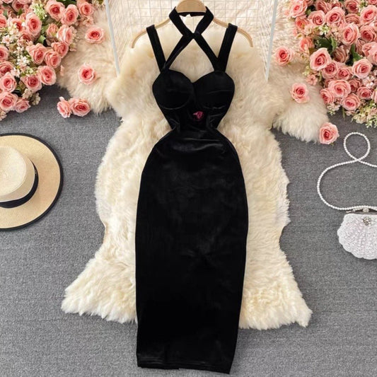 Black Halter Neck Velvet Dress