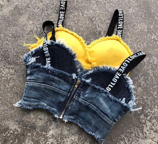 Love Print Denim Bustier