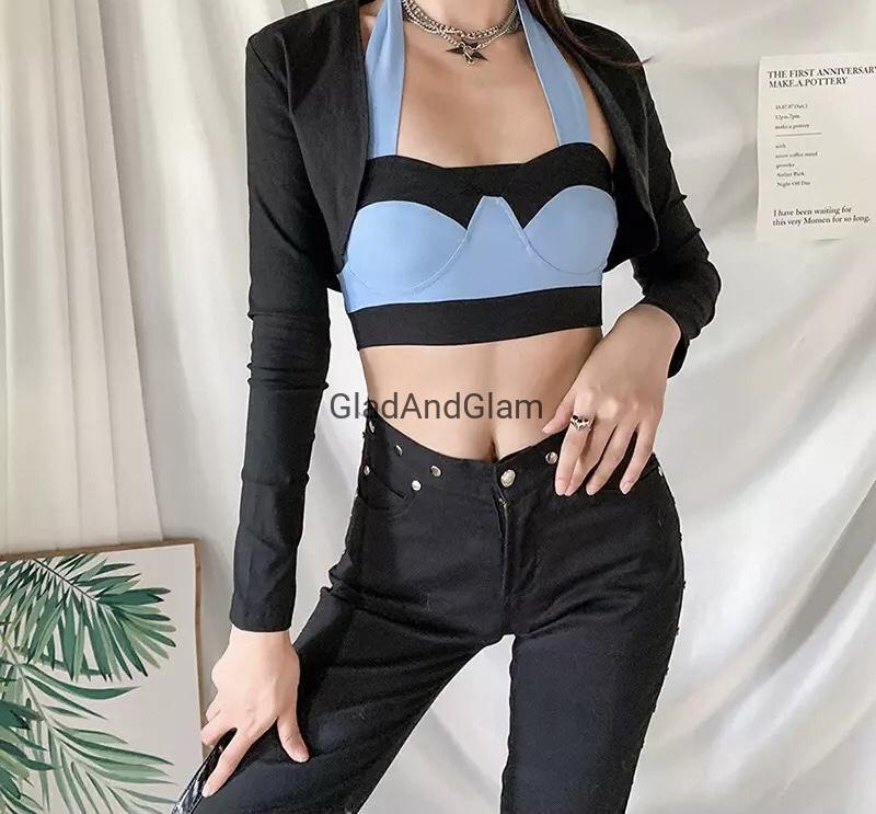 blue top & black shrug