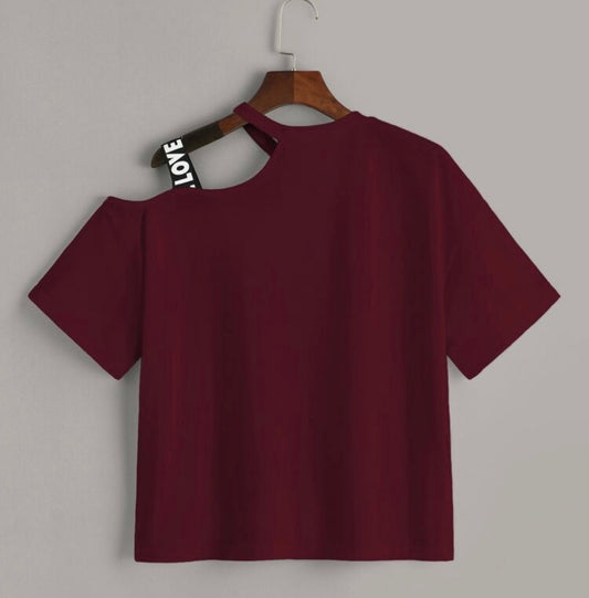 Asymmetrical Neck Lettering Tape Tee