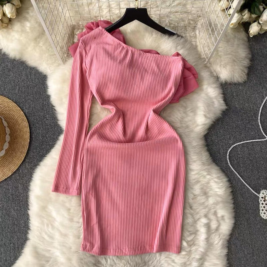Pink One Shoulder Ruffle Dress