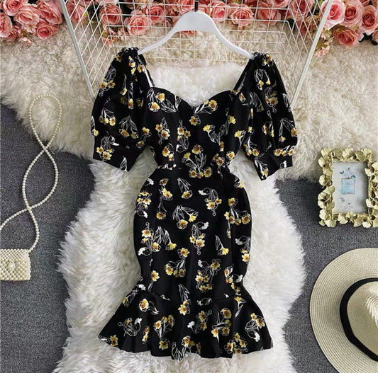 black Floral Ruffle Dress