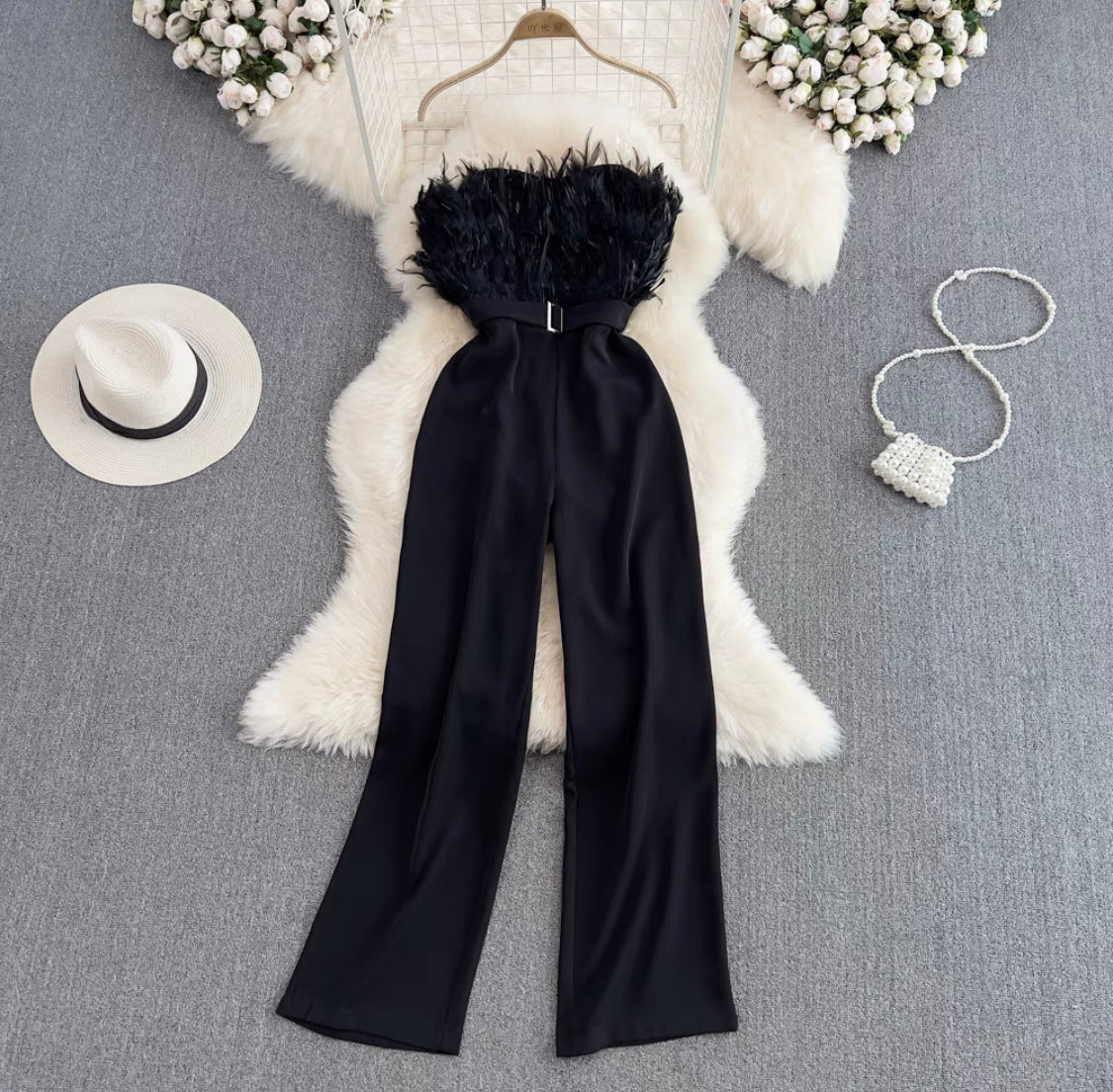 Black Fur Belted Jumpsuit