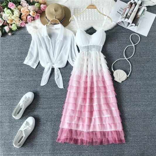 Emily Ruffle Dress With Chiffon Shirt Set
