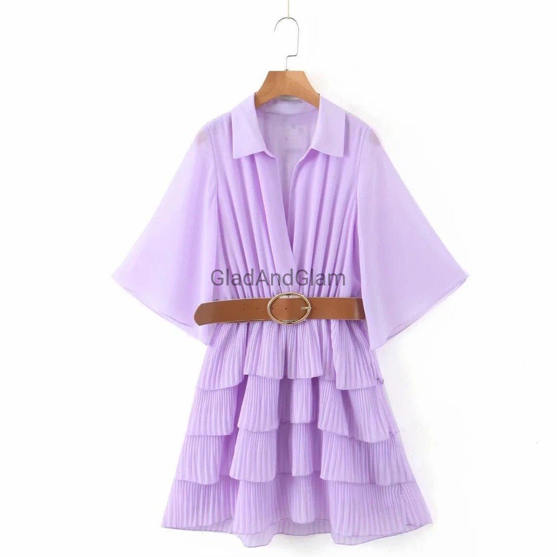 V Neck Ruffle Pleated Dress