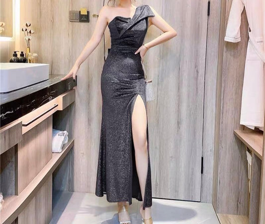 Rebeka One Shoulder Slit Shimmery Dress