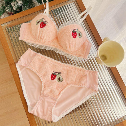 Pink faux fur lingerie set with embroidered strawberry details
