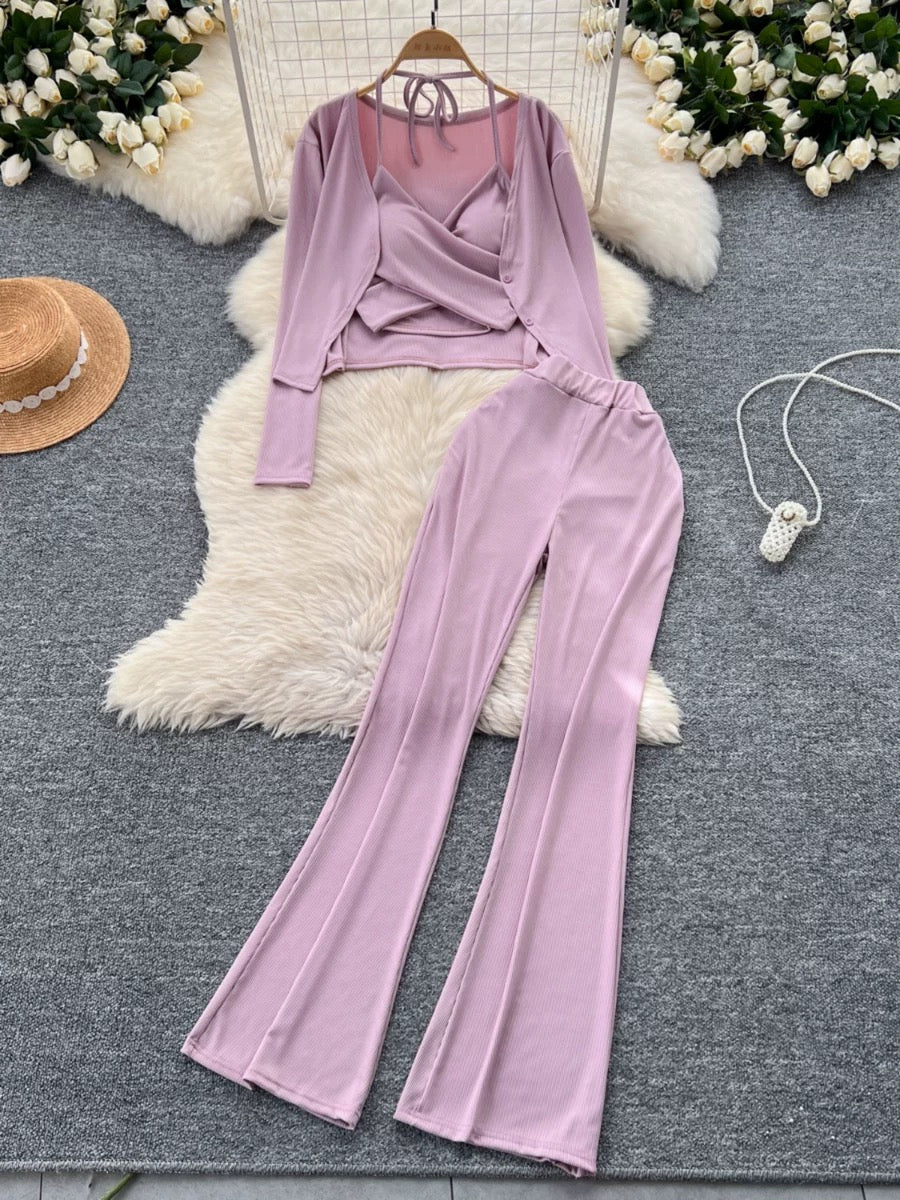 Lilac ribbed three-piece co-ord set featuring a wrap camisole top, matching cardigan and flared pants