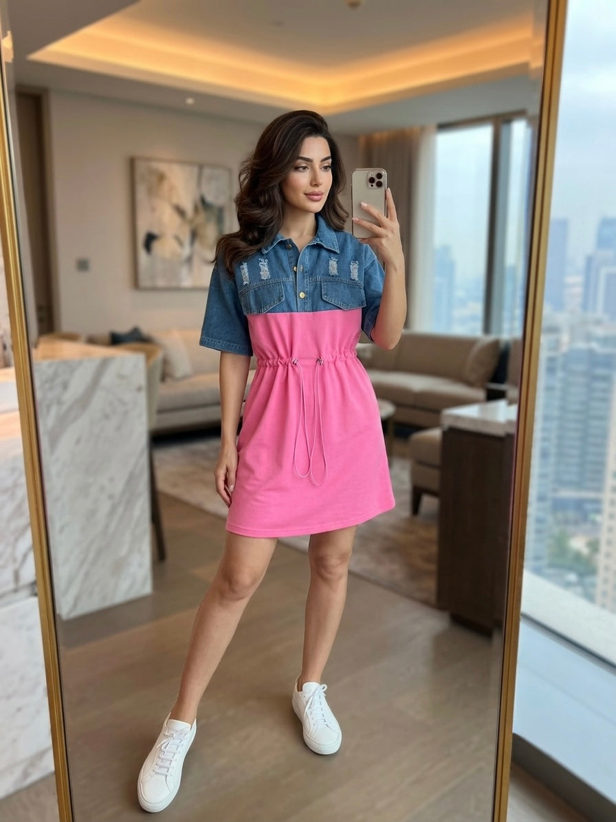 Woman wearing Monaco Denim Contrast Dress featuring a distressed denim shirt top, drawstring waist, pink contrast skirt, and white sneakers in a luxury hotel room mirror selfie.