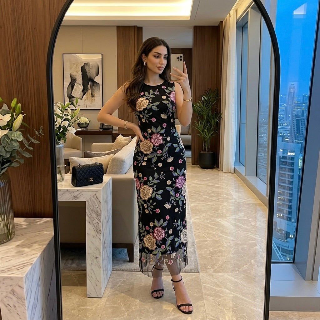 Noir Embroidered Midi Dress