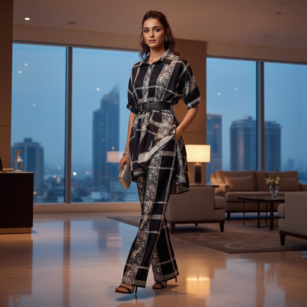 Woman in a stylish outfit standing in a modern living room with cityscape view