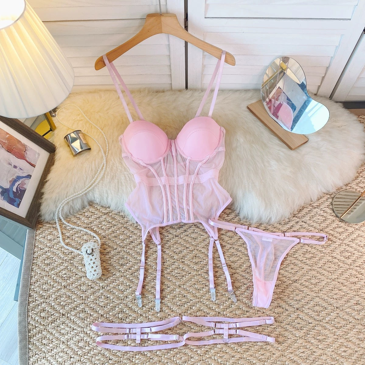 Pink Lingerie With Thong & Thigh Cuffs