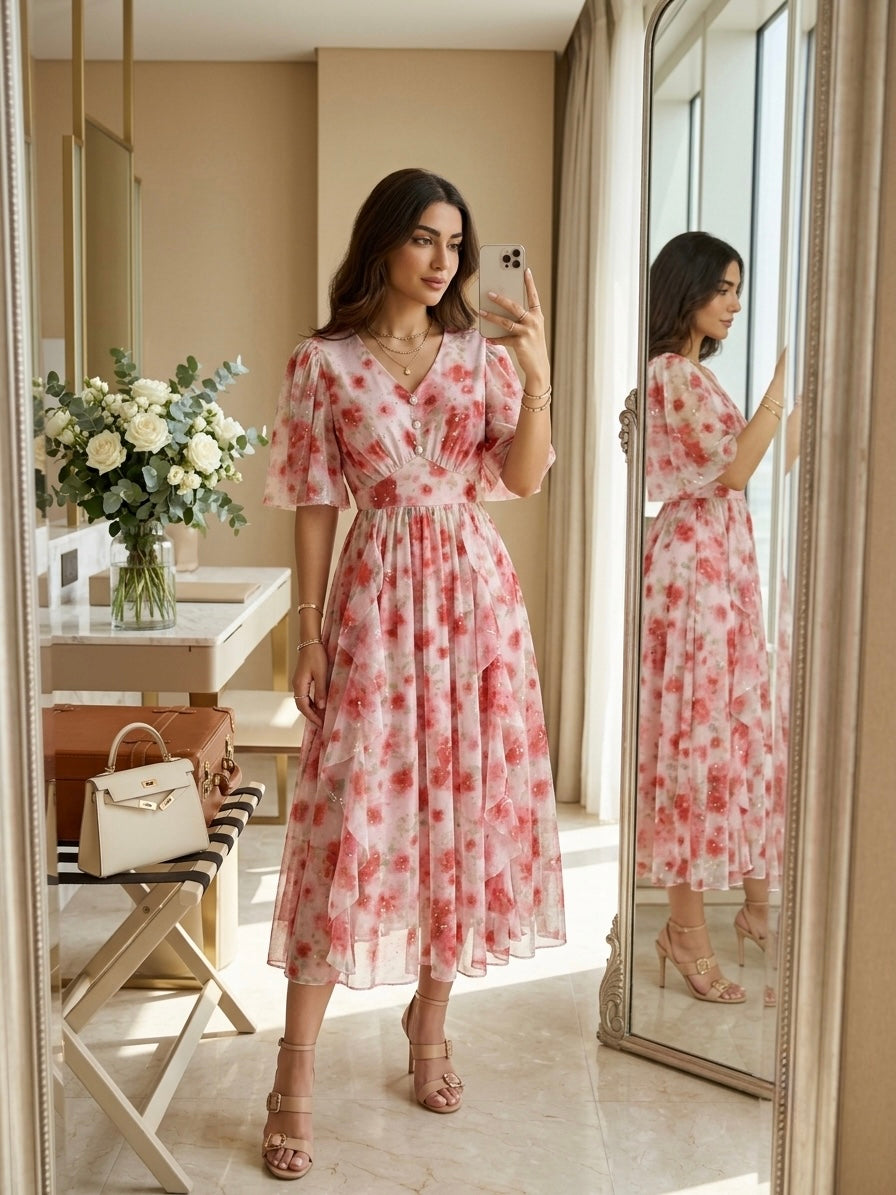 Woman wearing the Rosalie Bloom Organza Midi Dress in a luxury hotel suite, featuring a pink floral print, flutter sleeves, V-neckline, and flowing midi silhouette.