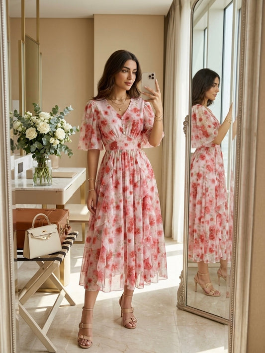 Woman wearing the Rosalie Bloom Organza Midi Dress in a luxury hotel suite, featuring a pink floral print, flutter sleeves, V-neckline, and flowing midi silhouette.