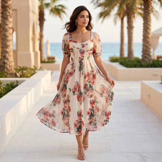 Woman in a floral dress standing on a sunlit pathway with palm trees and ocean in the background