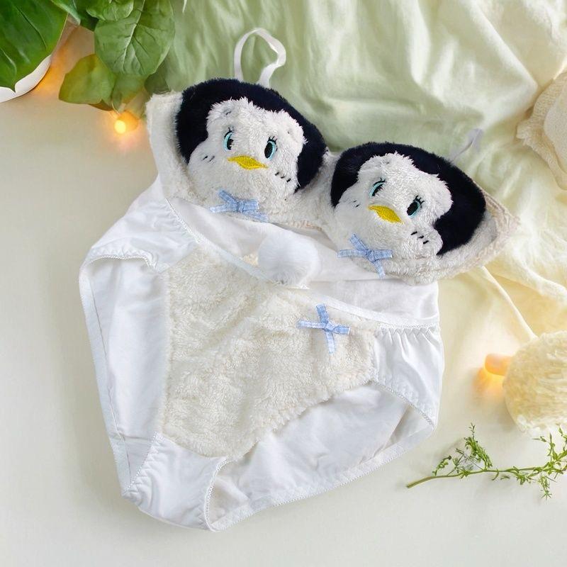 Snowy Duck Plush Lingerie Set in soft white plush fabric with cute character details and blue ribbon accents