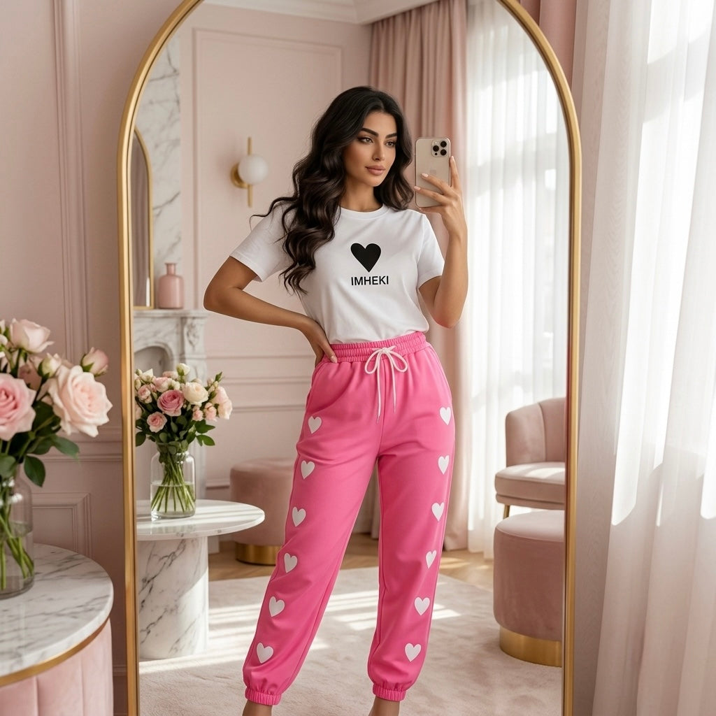 Woman taking a mirror selfie wearing a white t-shirt and pink pants with heart patterns in a stylish room.