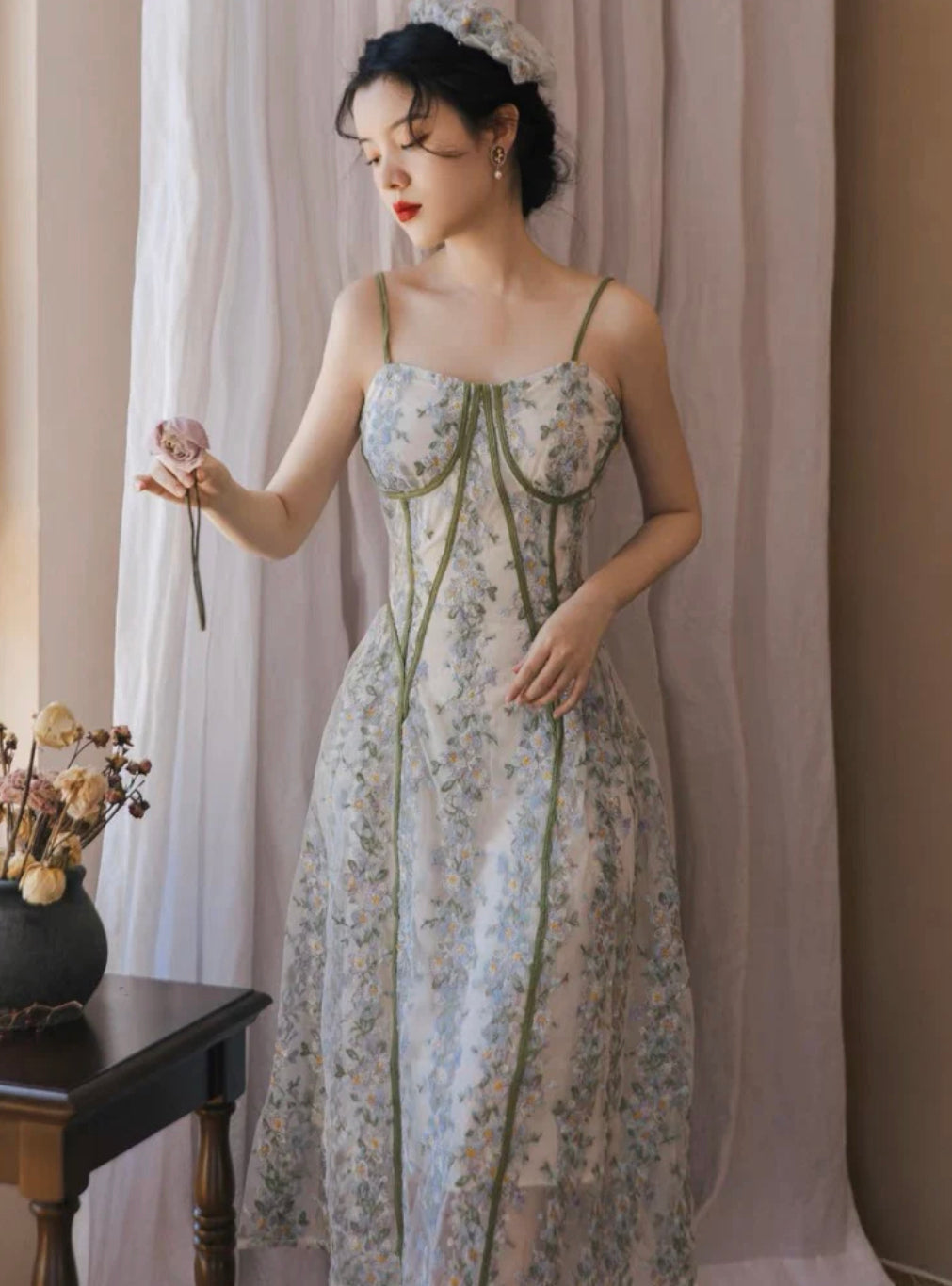 Elena Floral Embroidered Corset Midi Dress, a romantic summer dress with corset bodice, blue floral embroidery, and elegant midi silhouette