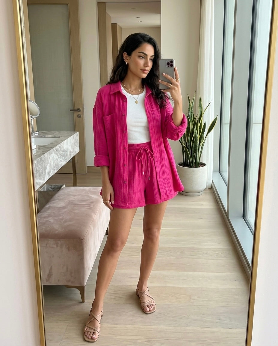 Woman wearing Isla Fuchsia Resort Co-Ord Set in a luxury hotel mirror selfie.