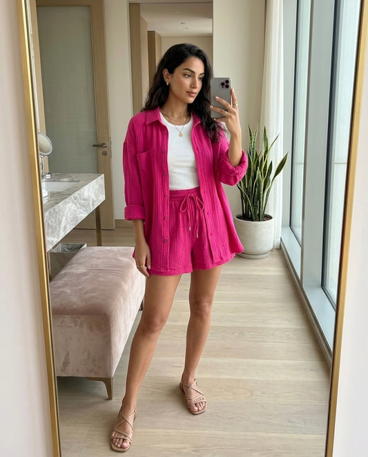 Woman wearing Isla Fuchsia Resort Co-Ord Set in a luxury hotel mirror selfie.
