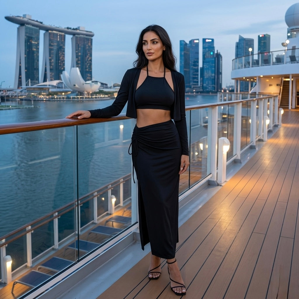 Women’s black resort co-ord set designed for luxury travel and holiday styling.