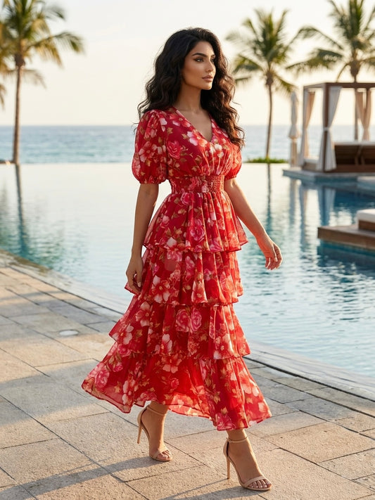 Woman walking in red floral tiered maxi dress with flowing ruffle skirt