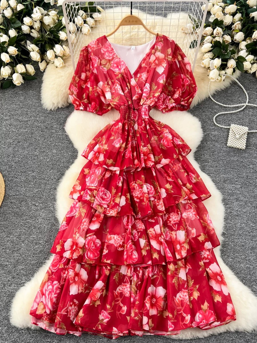 Back view of Scarlet Bloom floral maxi dress with tiered ruffle detailing