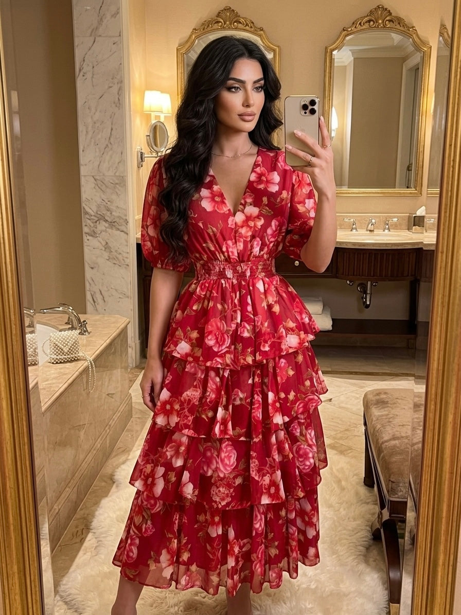 Full-length view of Scarlet Bloom red floral tiered maxi dress for women