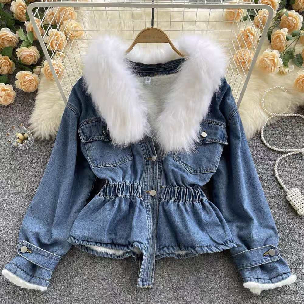 Women Loose Fit Winter Denim Coat Fur Collar With Big Pockets Short Jeans  Jacket | eBay