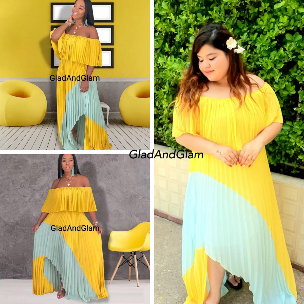 Duo Colour Off Shoulder Pleated Dress
