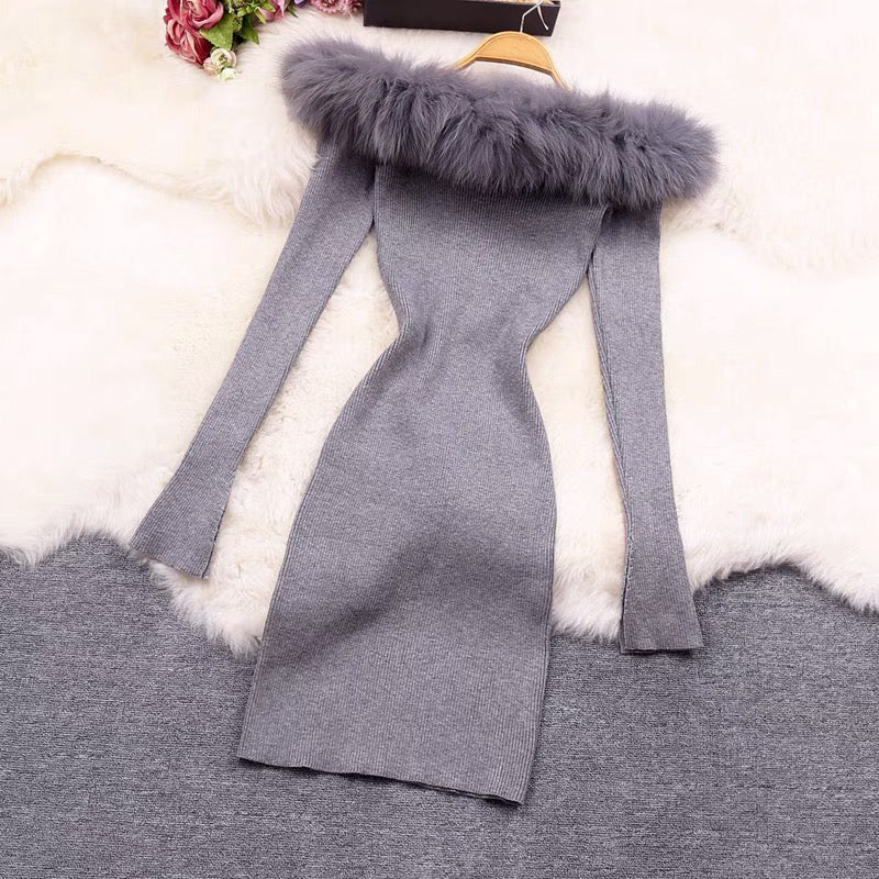Maria Fur Shoulder Bodycon Dress