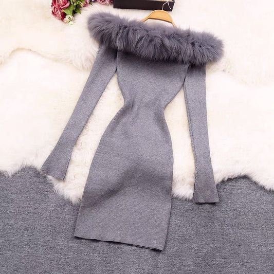 Maria Fur Shoulder Bodycon Dress