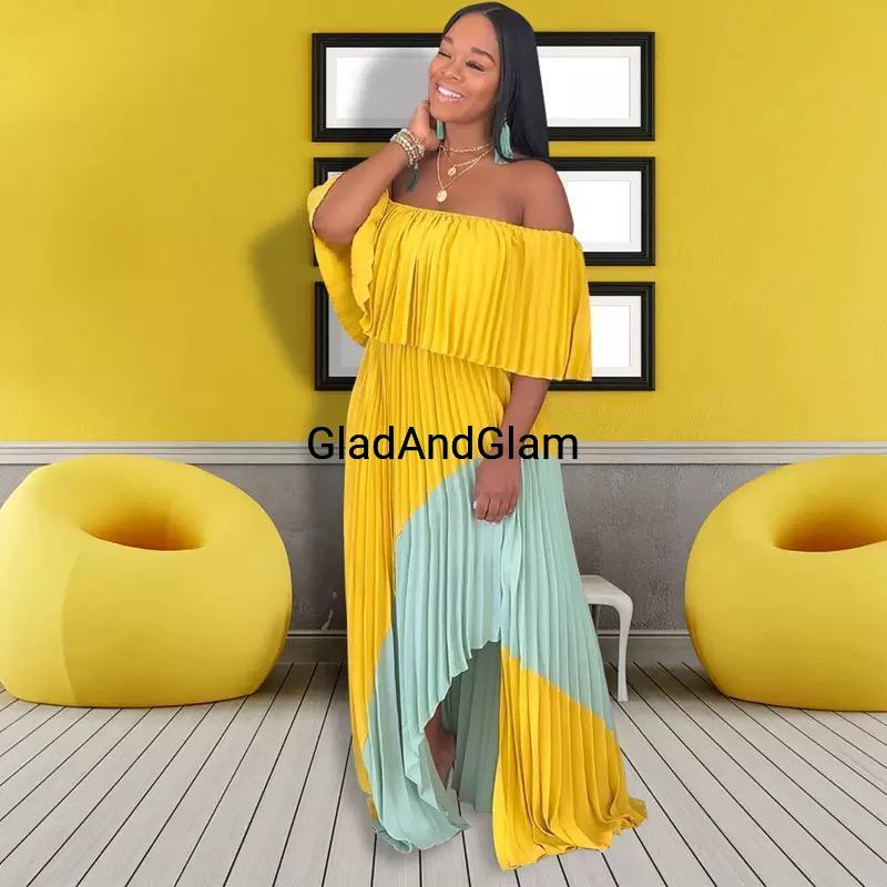 yellow Off Shoulder Pleated Dress