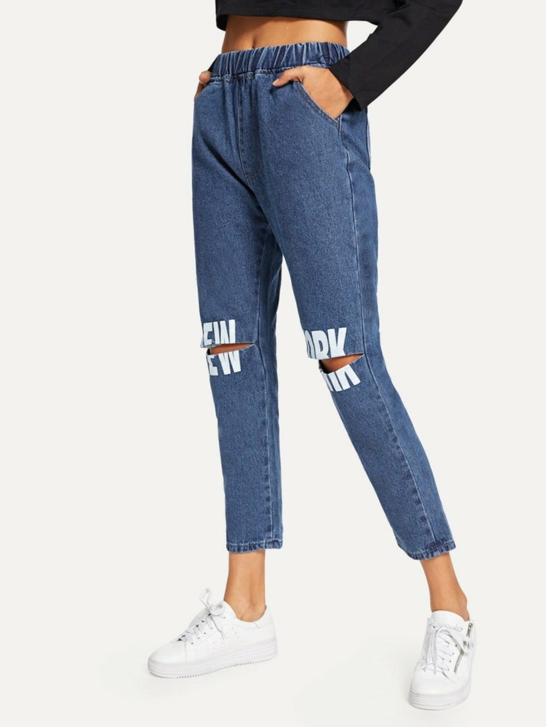 Letter Print Ripped Jeans