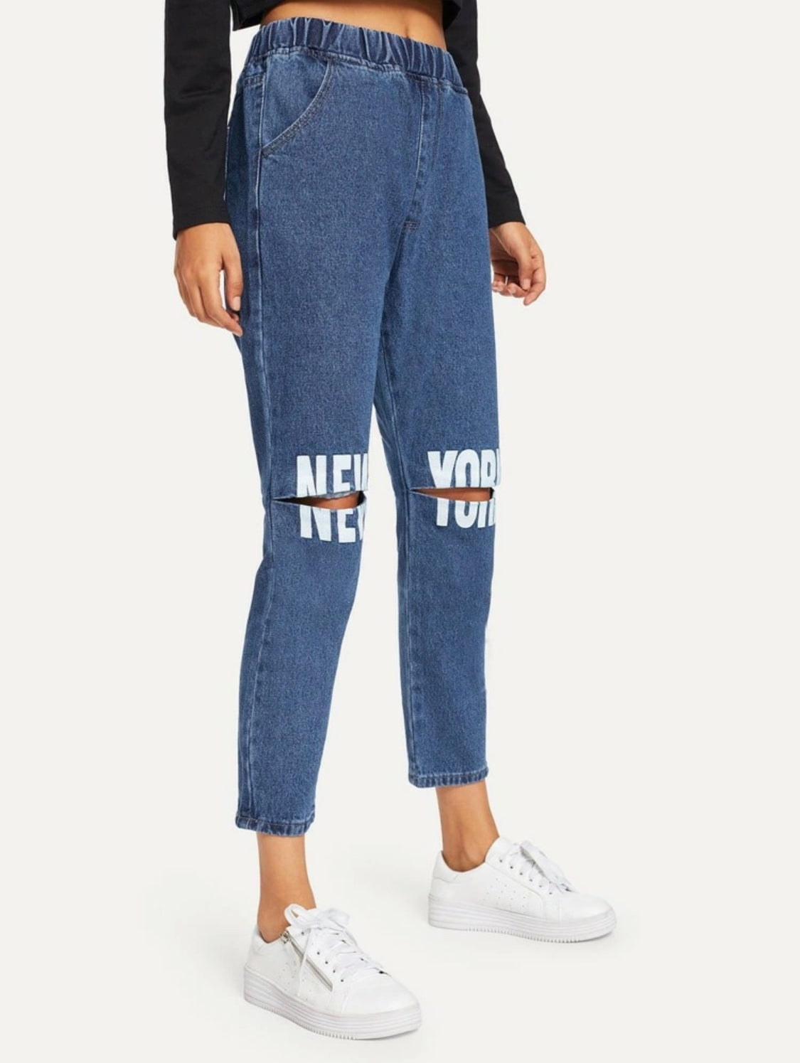 Letter Print Ripped Jeans