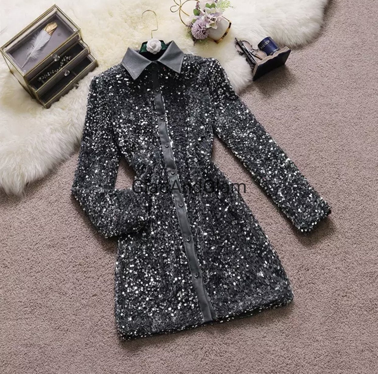 Silver Buttoned Sequin Dress