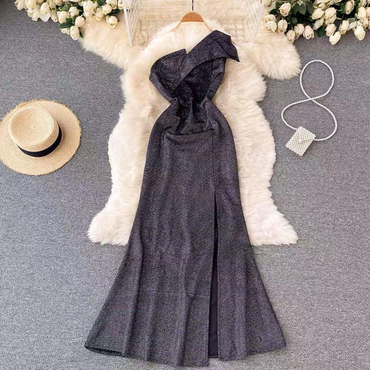 One Shoulder Slit Shimmery Dress