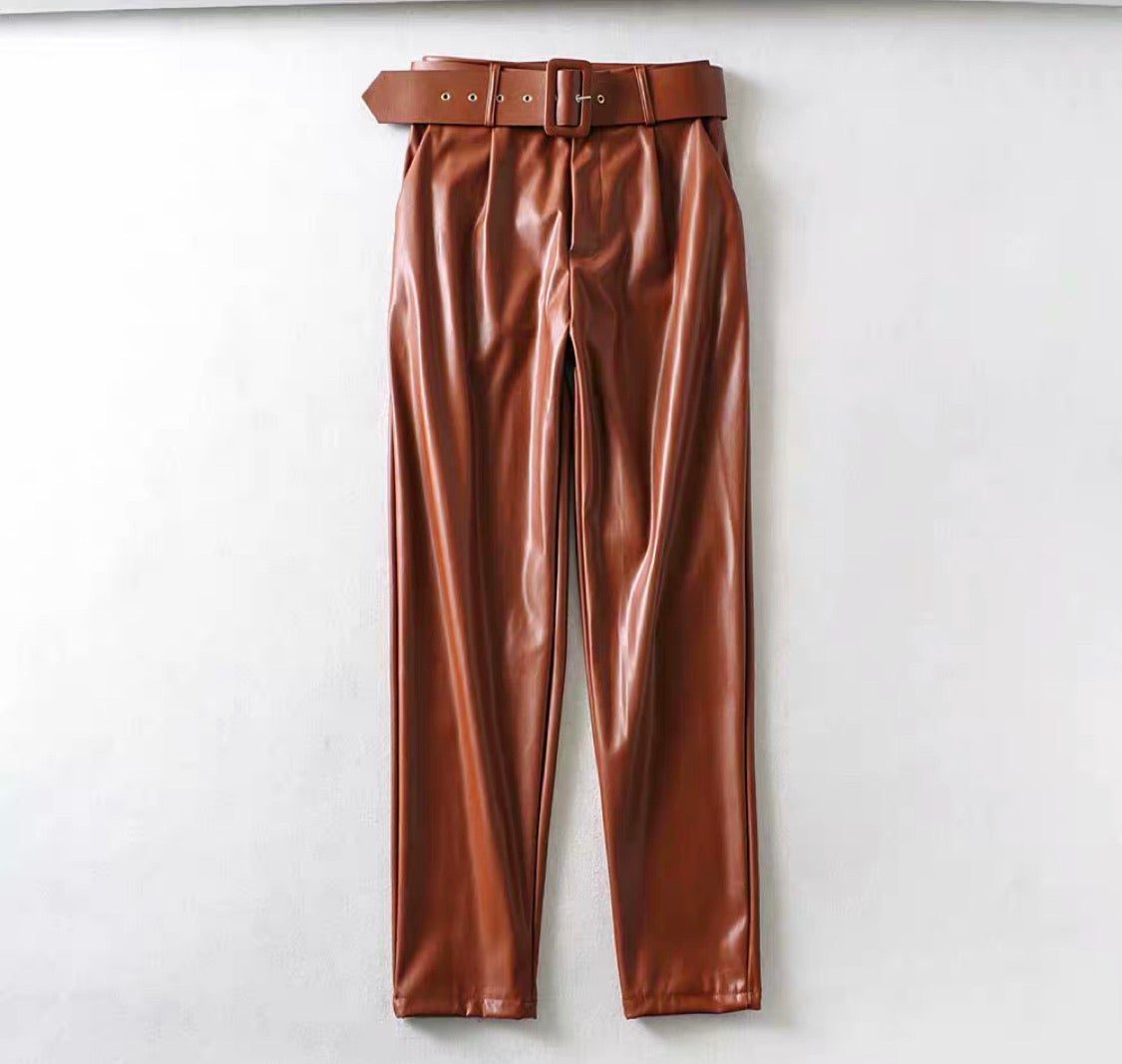 Brown Leather Belted Pants