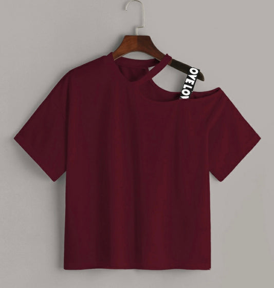 Asymmetrical Neck Lettering Tape Tee