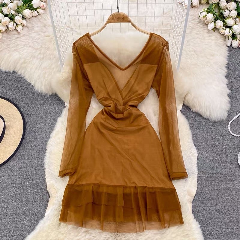 Brown V Neck Bodycon Dress
