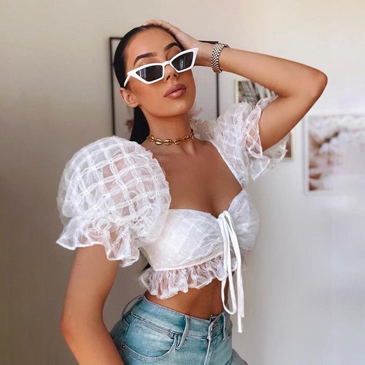 White Puff Sleeve Crop Top 