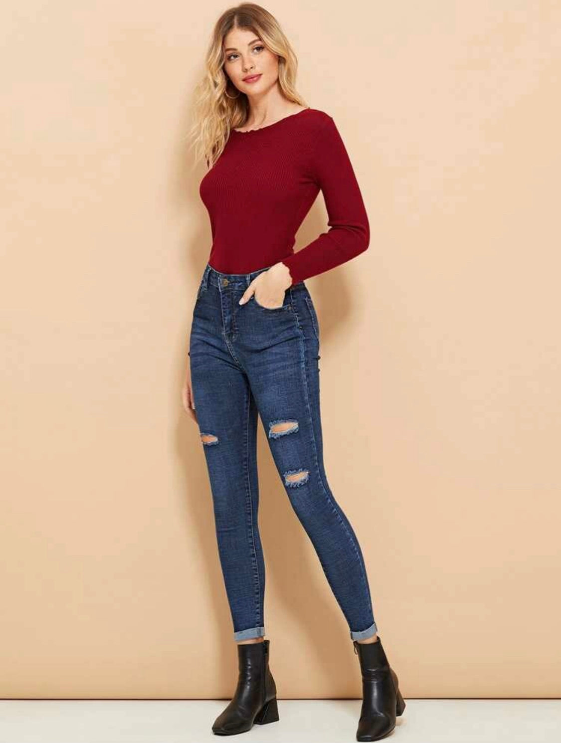Ripped Roll-Up Skinny Jeans