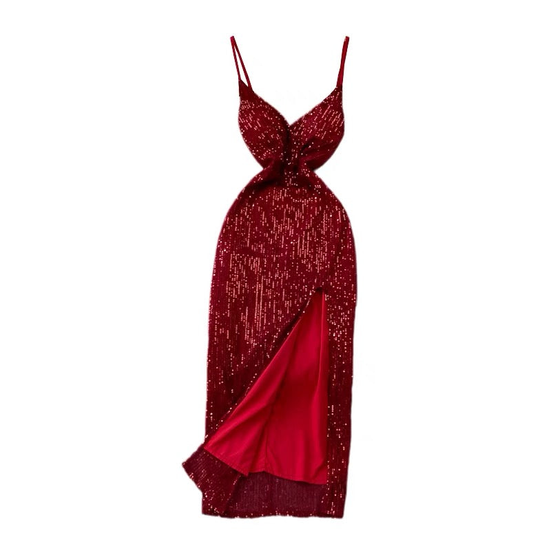 Mary Sequin Shiny Slit Dress