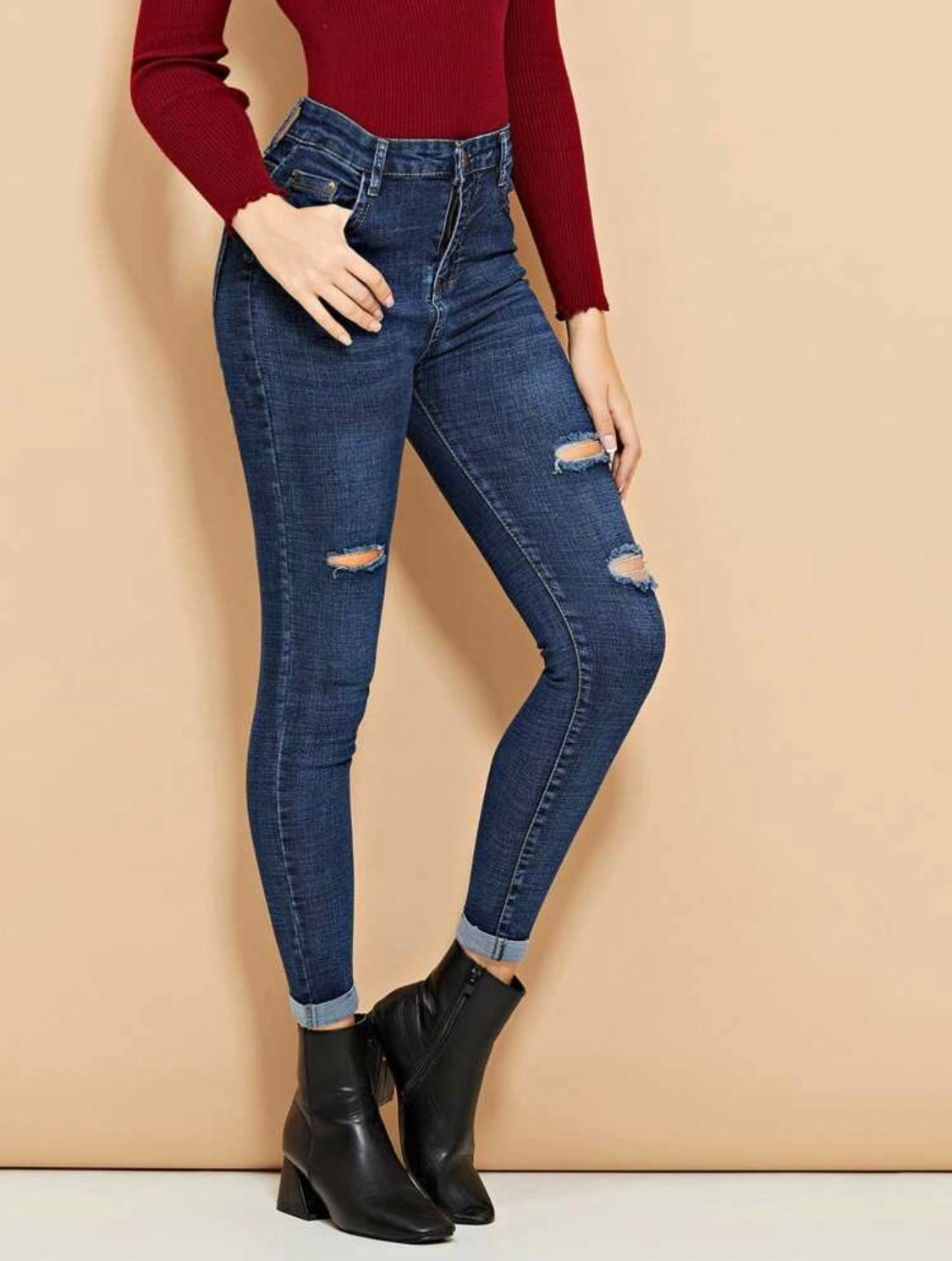 Ripped Roll-Up Skinny Jeans